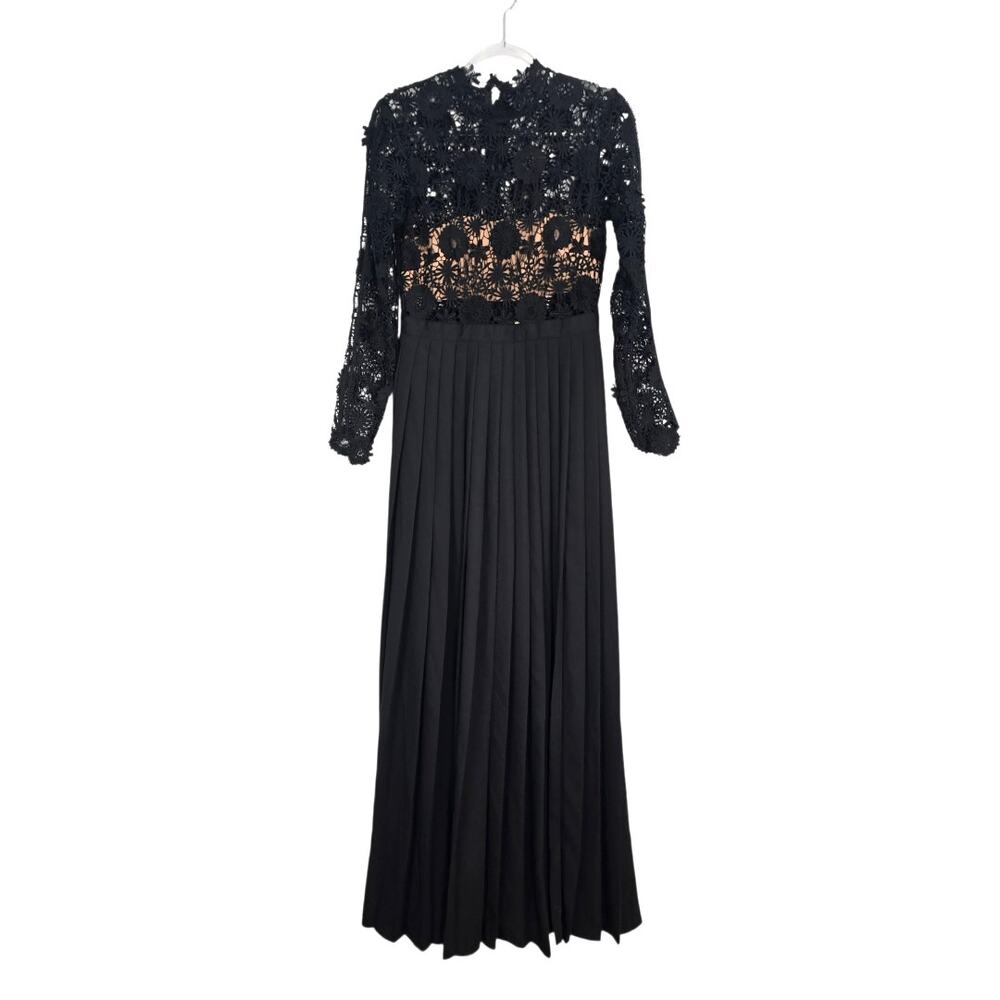 Self-Portrait Mia Lace Sheer Top Pleated Maxi Gown Black Nude Bust Liner Size 8